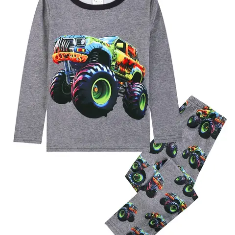 Round-Neck Kids Pajama Set with Off-Road Truck Cartoon Print, Casual Homewear, Loose-Fit All-Season Pajamas, Cartoon Sleepwear