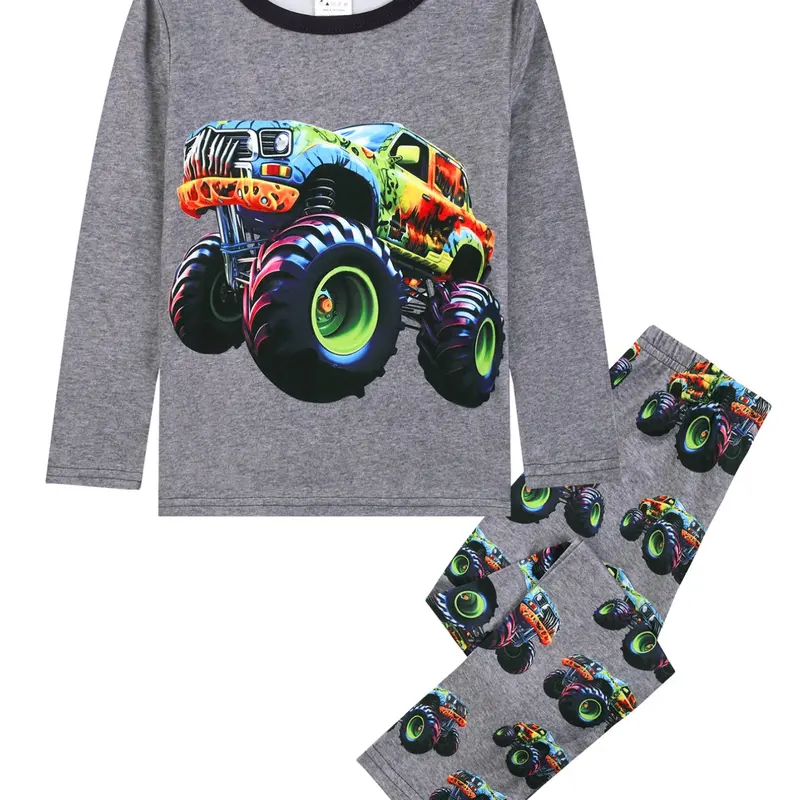 Round-Neck Kids Pajama Set with Off-Road Truck Cartoon Print, Casual Homewear, Loose-Fit All-Season Pajamas, Cartoon Sleepwear