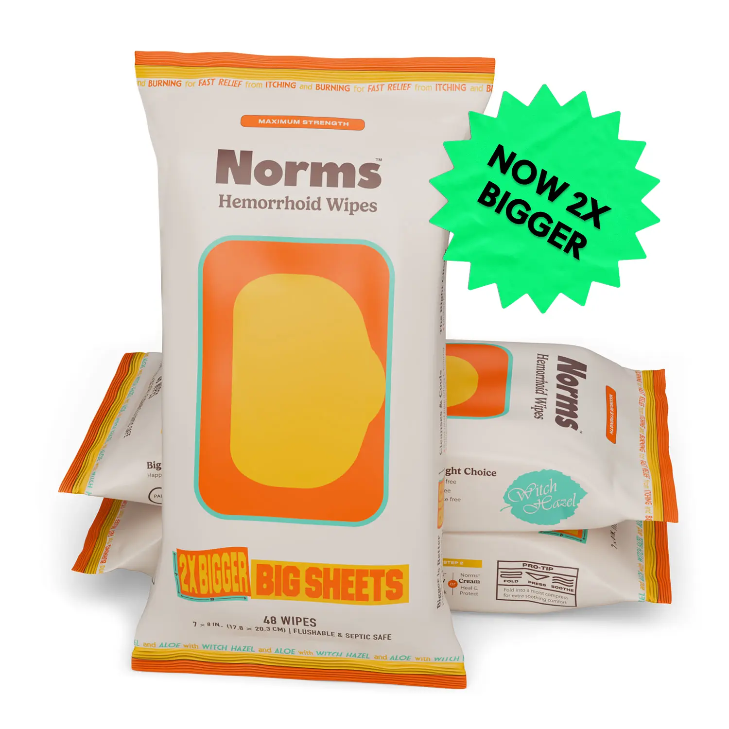 Norms Big Sheets Medicated Hemorrhoid Wipes (Pack of 3) - Witch Hazel Wipes With Aloe, Flushable Wipes Soothe Itching, Burning Hemorrhoid Pain, Hypoallergenic, Fragrance Free, Paraben Free, 48 Wipes (Pack of 3)