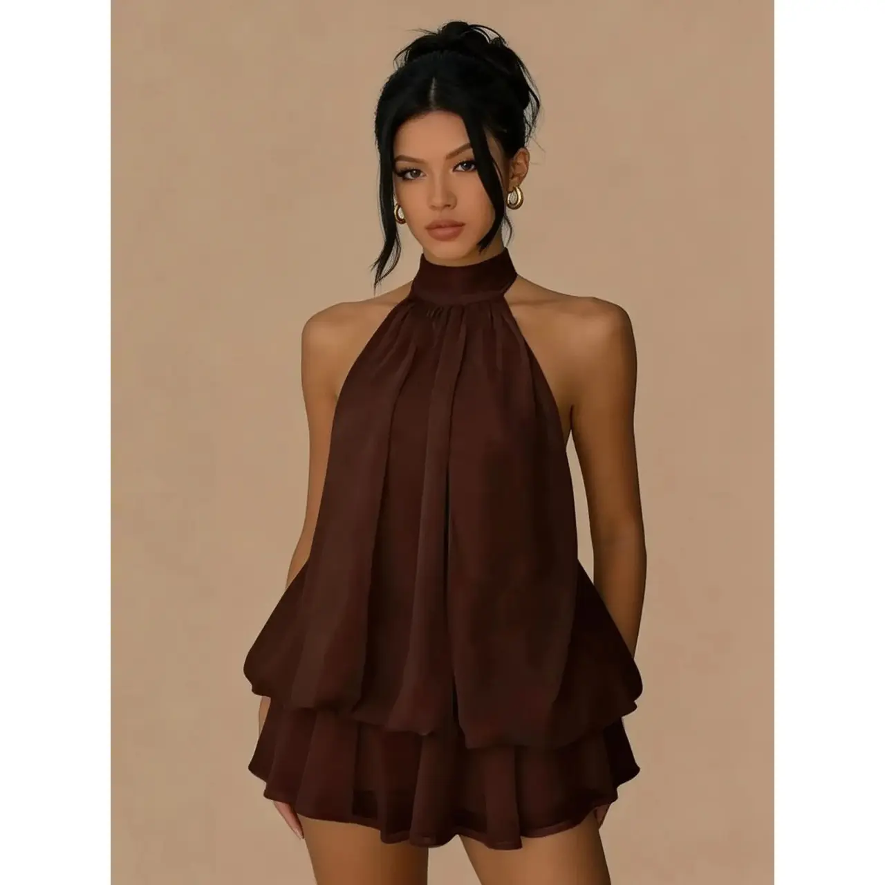 Women's 2026 Halter Neck Tiered Ruffle Chiffon mini dress, Flowy A-Line summer dresses for Vacation Party, cocktail dress, wedding guest dresses