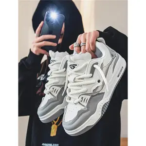 Men's Casual Thick Laces Skate Shoes, Letter Patched Design Low Top Skate Shoes, Contrast Mesh Design Platform Shoes