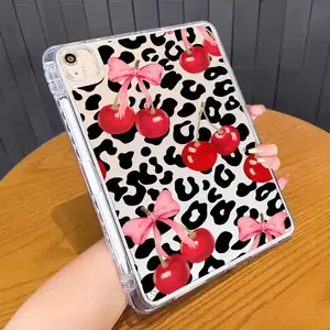 Leopard Print Cherry Bow Pattern Clear iPad Case, Soft TPU Shockproof Cover with Built-in Pencil Holder, Slim Portable Single-Side Protection for Men & Women, Compatible with iPad Air 4/5/6, Pro 11" 2024, Mini 4/5/6/7 & iPad 10/9/8/7 series.unisex.