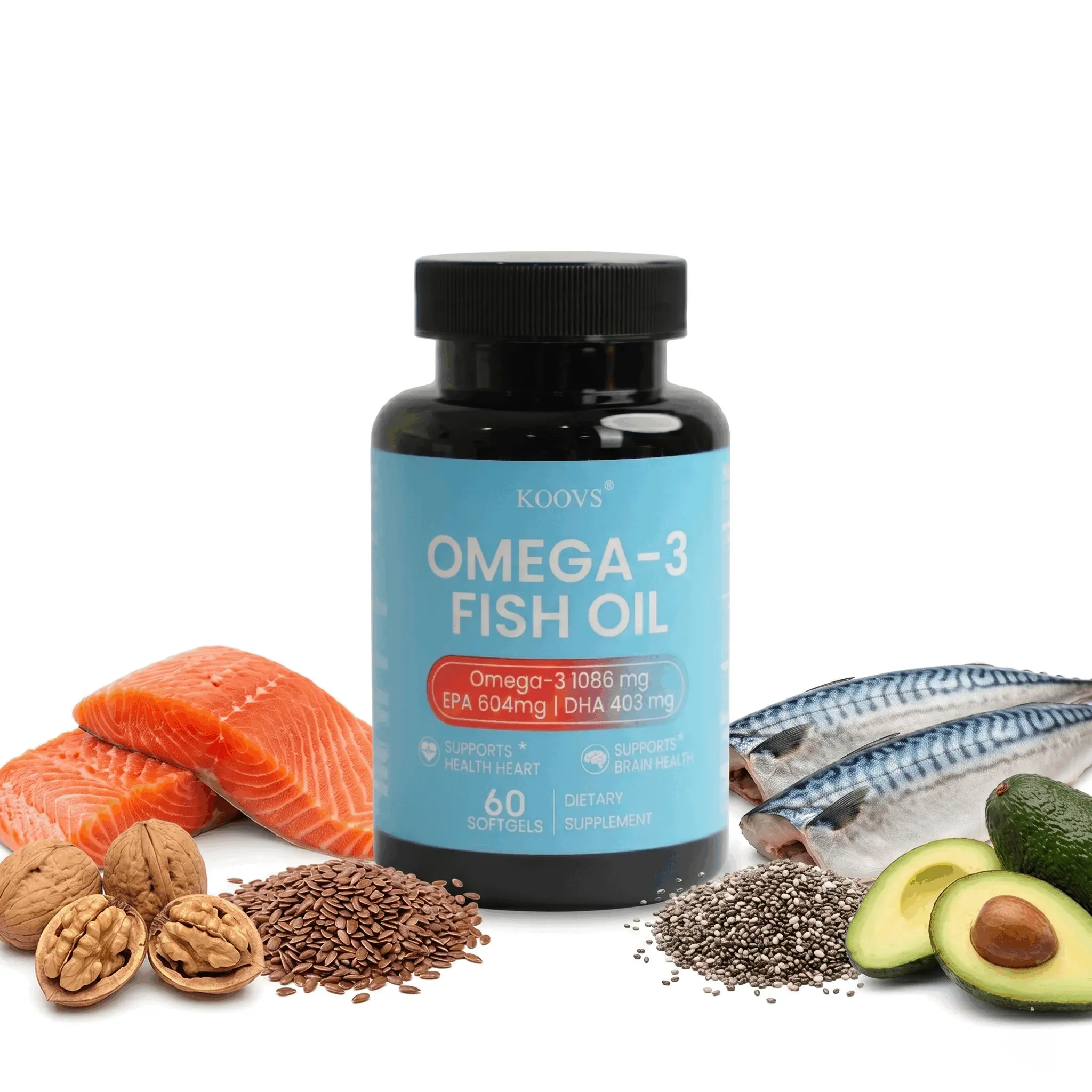 KOOVS Omega-3 Fish Oil Supplement 1086mg - Wild-Caught Cold Deep-Sea, 604mg EPA & 403mg DHA, Supports Heart, Brain & Immune Health, 60 Softgels, 30-Day Supply