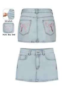 Women's Mini Denim A-Line Skirt with Bow Embroidery, Vintage Y2K Style Vibe, Summer Spring Fashion Streetwear Essential Womenswear