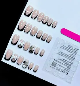 24Pcs French Style Black & White Tie Dye Polka Dot Press-On Nails, Reusable False Nails with Bowknot & Star Rhinestones, Cute Chic Nail Art for Dates, Daily, Christmas, Festivals & Spring/Summer