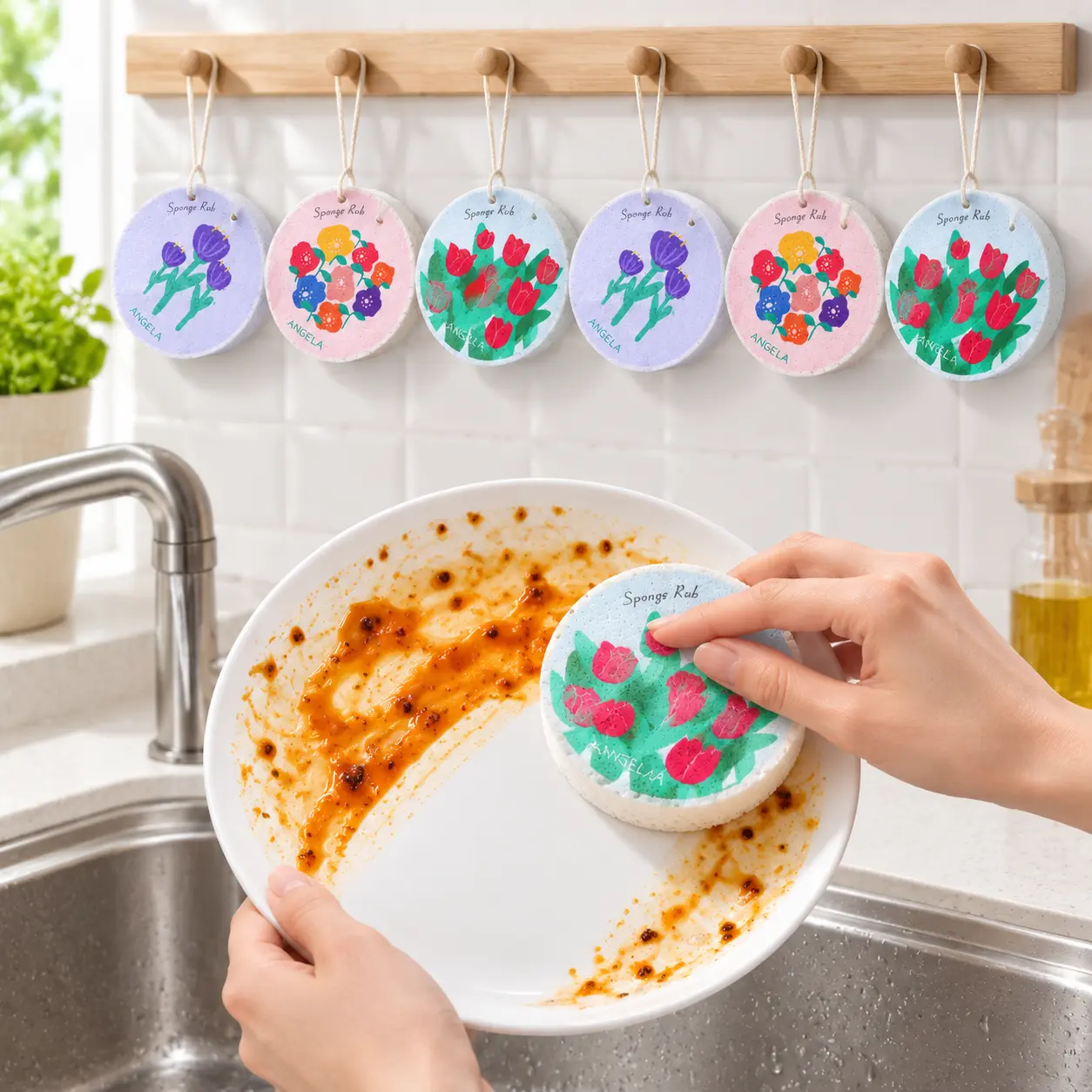 6-Pcs Floral Print Eco-Friendly Cellulose Kitchen Scrubber Pads, 2mm Scratch-Free Wood Pulp Sponges, Oil-Free High-Absorbency Expandable Foam for Non-Stick Cookware Home Essentials