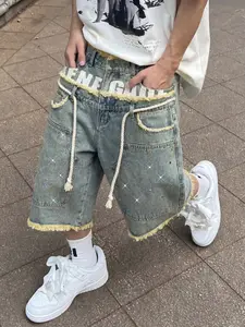 Sparkly Rhinestone Jean Shorts, Summer Loose-Fit Straight Leg Jeans, Cotton Ripped Streetwear, Hip-Hop Fashion, Versatile