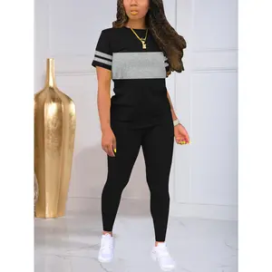 Women's Colorblock Short Sleeve Tee & Solid Pants Two-piece Set, Casual Round Neck T-shirt & Trousers for Daily Wear, Ladies Two-piece Outfits for All Seasons