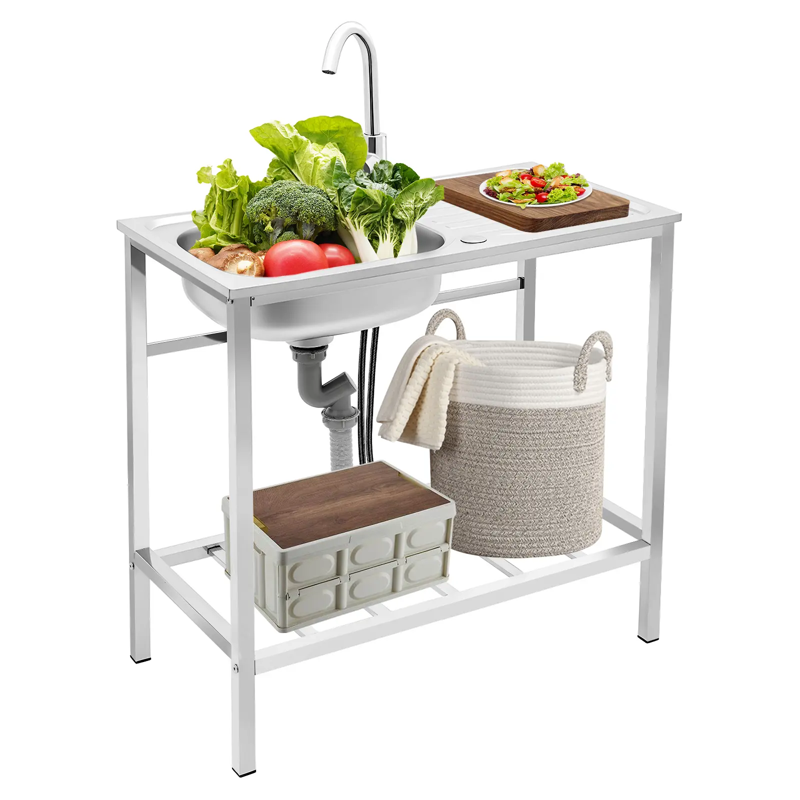CNCEST 201 Stainless Steel Single-Bowl Kitchen Sink Set, Commercial Catering & Utility Sink with Adjustable Faucet and Large Storage Platform