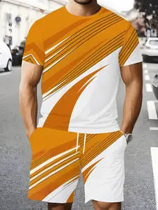 Men's Casual Two-Piece Set, Short Sleeve Shorts with 3D Print, Outdoor Sports Wear, Sportswear Set, All Seasons, Fitted Style, Summer Sportswear
