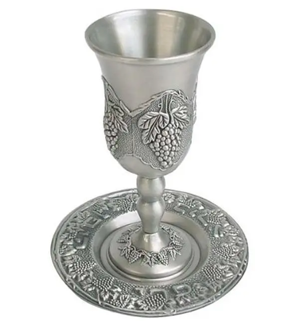 Magnificent Tall Kiddush Cup with Grape Design and Coaster