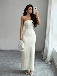 ARTYOTI Apricot Knitted Fabric Strapless Bodycon Long Dress For Women Elegant Plain Backless Mermaid Style
