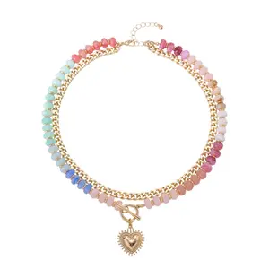 Dopamine Colorful Beaded Necklace Ethnic-Style Collarbone Chain with Stackable Heart Pendant for Stylish Looks and Versatile Jewelry