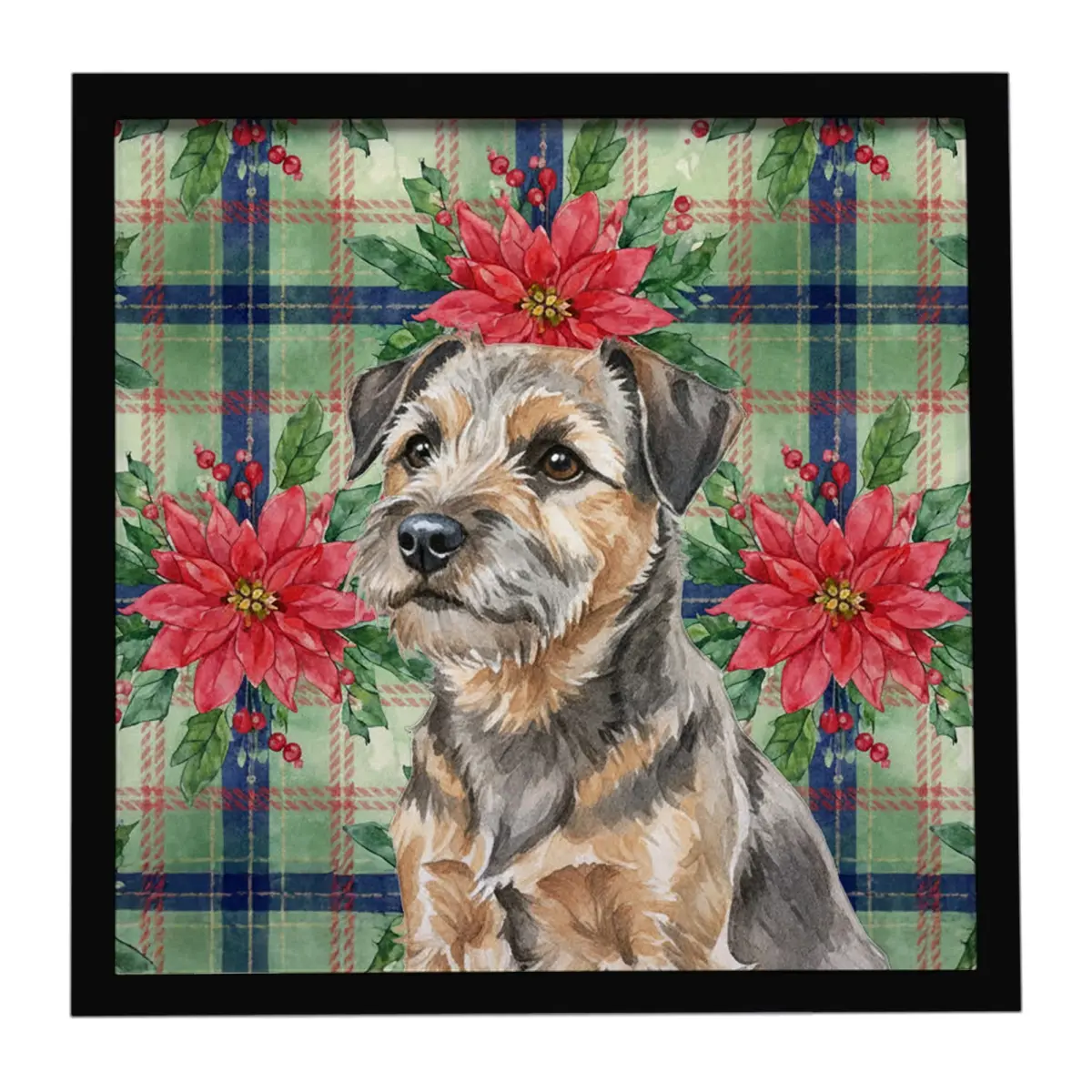 Carolines Treasures WDK8526MFP88 8x8 in. Light Weight Grizzle & Tan Border Terrier Christmas Poinsettia Flowers Aluminium Framed Metal Wall Art, Hanging Decor with Included Artistic Hanger for Holiday Home Gifting