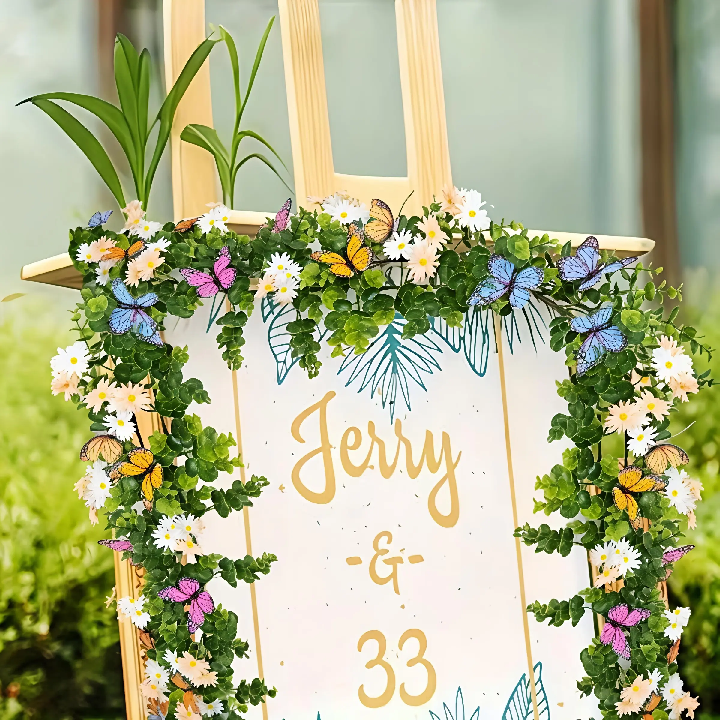 180cm Artificial Daisy Flower Garland with 3D Butterflies, Artificial Flower Decoration, Faux Eucalyptus Greenery Ivy Vine, Fake Spring Floral Swag for Wedding Arch Backdrop, Home Party, Outdoor Garden Decor, No Fade
