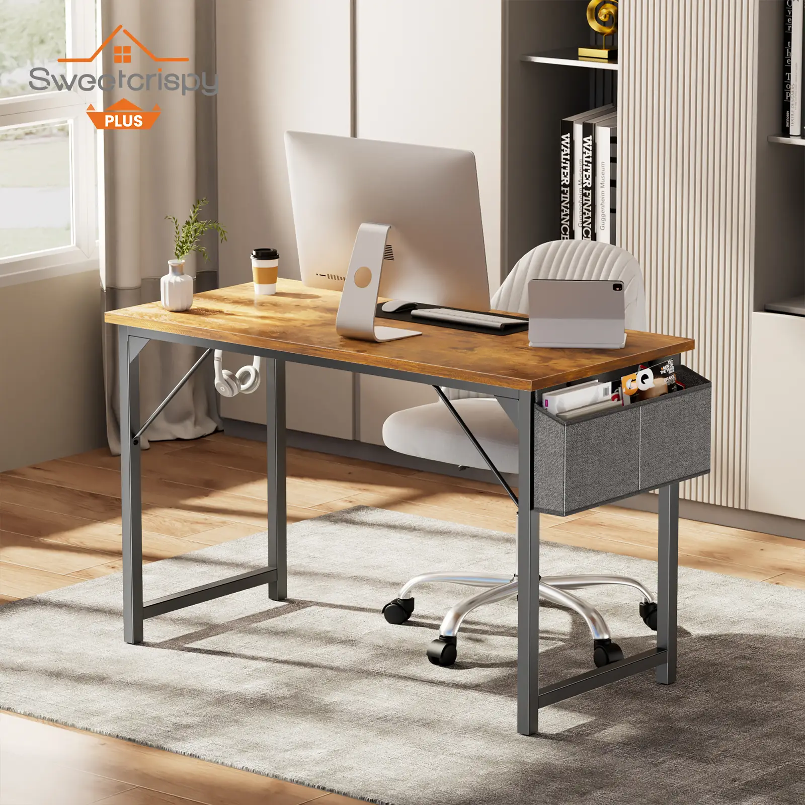 Small Computer Desk Home Office Modern Simple Style Table with Storage Bag & Headphone Hooks for Children Student Work Study Writing