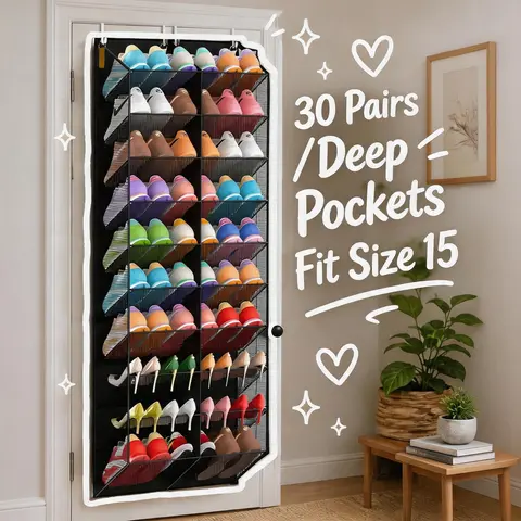 Steel 10-Tier Hangable Door Shoe Rack Organizer, 74.8”(l)x21.65”(w), 30 Pairs of High Heels Capacity, 20 Deep Pockets for Size 14, 98lbs Max Load, 4 Hooks, Elegant & Practical Household Storage Tool, Emergency Prep, Dorm Essential, Laundry Door Accessory