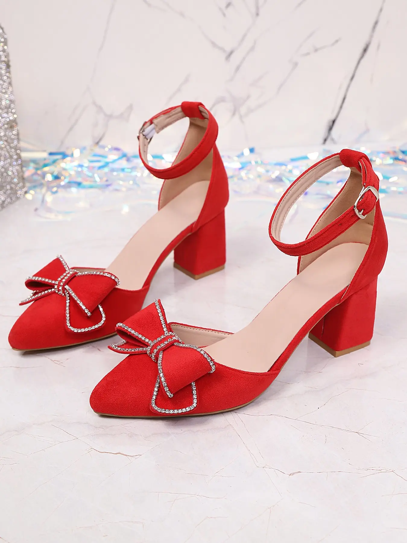 Women's New Chunky Heel High Heels, Chunky Heeled Shoe, Elegant Hollow Design Non-Slip Shoes, Cute Bow Rhinestone Dance Shoes, Elegant Fashionable Sandals for All Seasons Elegant Glitter Decorated Sandals