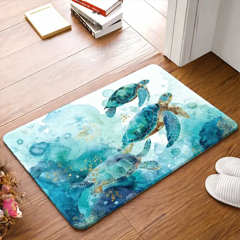 1pc Ocean Turtle Flannel Non-Slip Bath Mat - Durable, Machine Washable, Universal for Indoor-Outdoor Use, Suitable for Bathroom, Living Room, Non-Skid Bath Mats