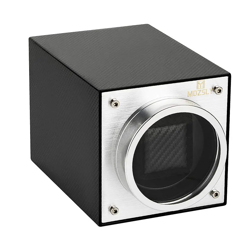 MOZSLY Single Automatic Watch Winder in Carbon Fiber Piano Paint, Modern Rotating Display Box with Quiet Japanese Motor, 12 Modes & Dual AC/Battery Power, Birthday, Graduation, Anniversary, 360° Rotating Display Watch Boxes, 2 Power Types, Automatic Watch