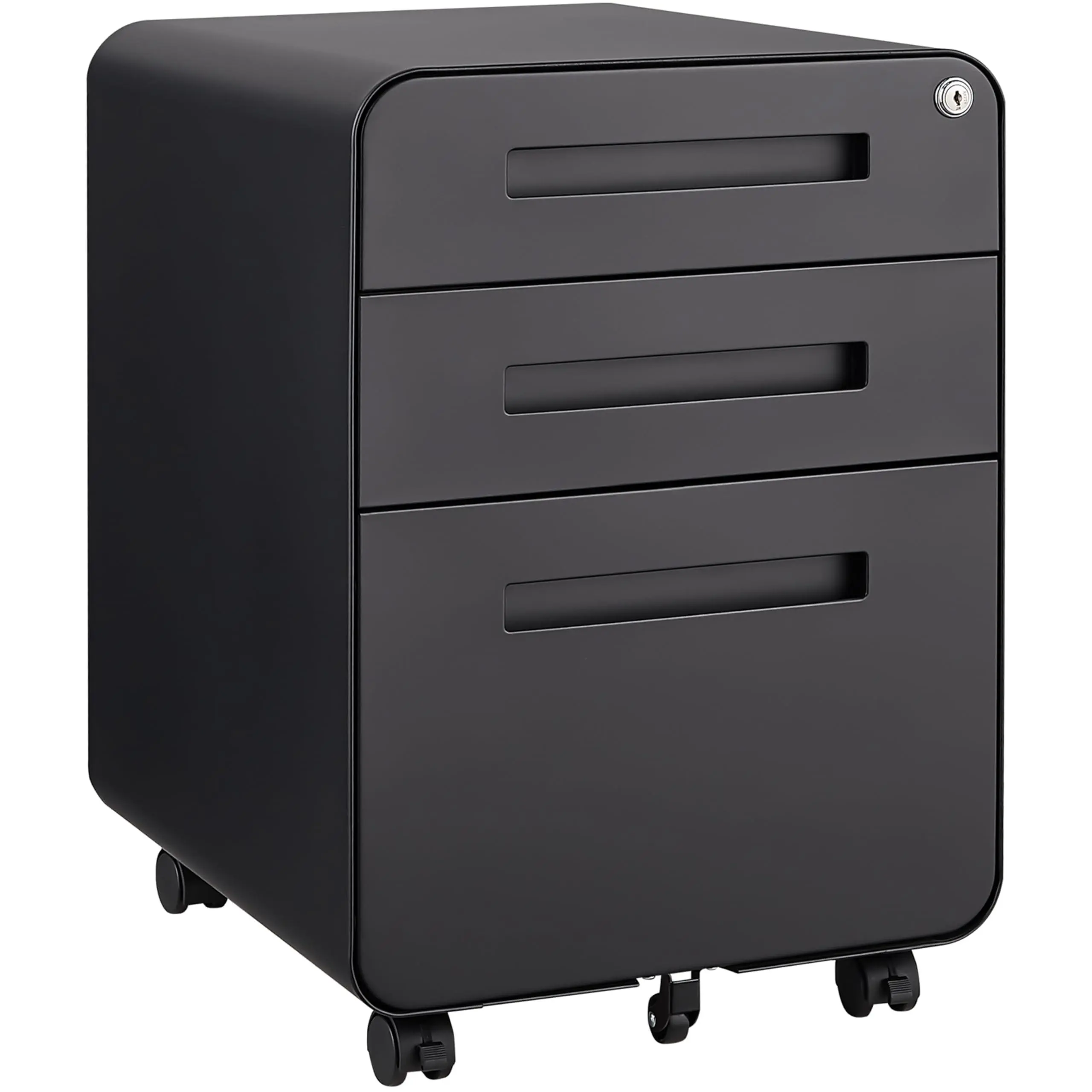 3 Drawer File Cabinet with Lock, Under Desk Mobile Metal Filing Cabinet for Home Office, 5 Wheel Anti-Tilt Rolling File Cabinets for A4/Letter/Legal Size, Fully Assembled,Black