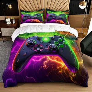 3pcs Gaming Theme Duvet Cover Set with Controller Pattern, Soft Breathable Polyester Fabric for Bedroom, 100% Polyester