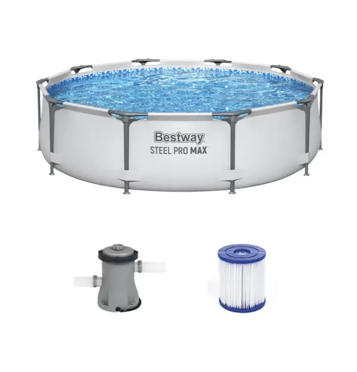 Bestway Steel Pro MAX 10ft x 30in Round Steel Frame Above Ground Outdoor Swimming Pool with 330-gal Filter Pump, Built-In Flow Control Valve, 1,236-gal Capacity for Backyard, Garden Family Use