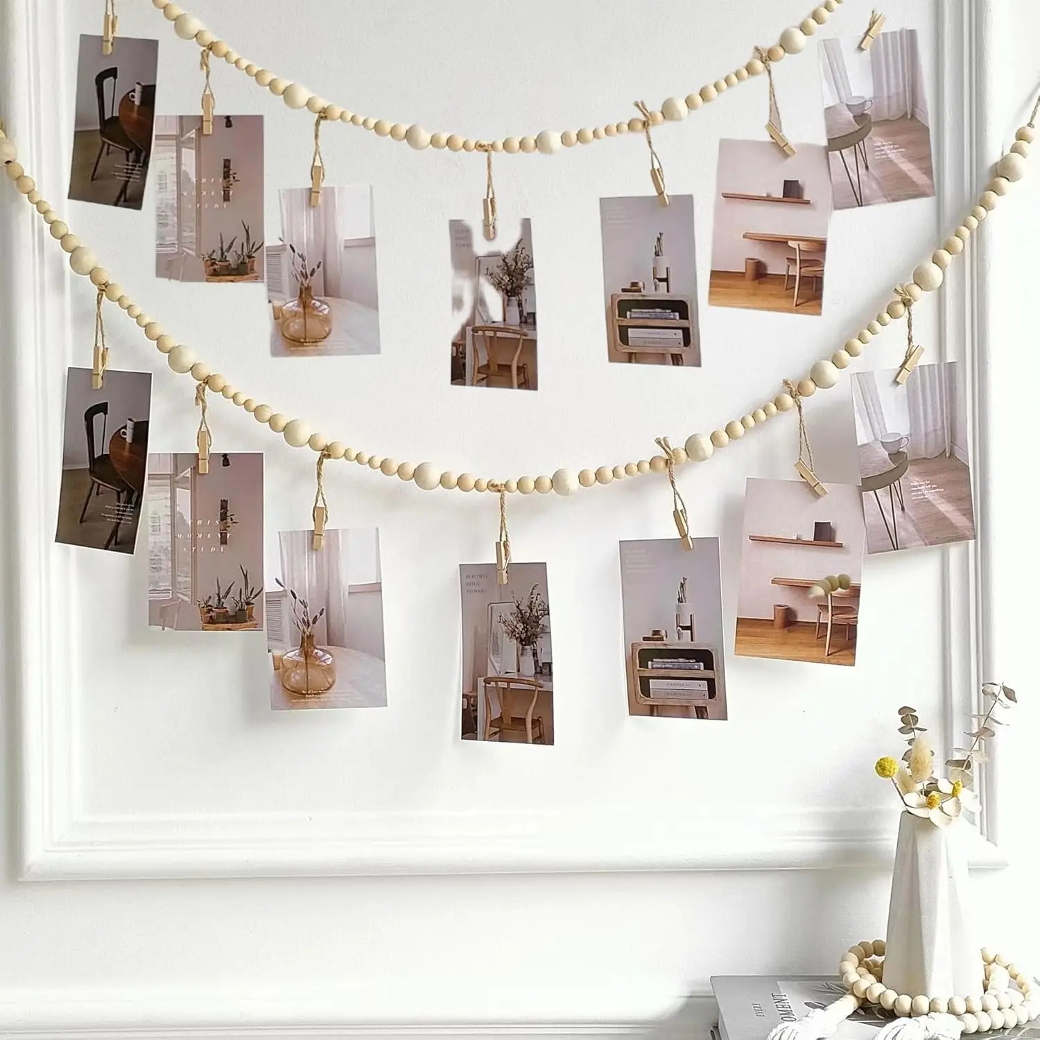 2PCS Hanging Sturdy Boho Rustic Wooden Bead Garland Photo Display with Clips - Decorative Home Decoration, Juneteenth Art Hanger for Bedroom, Kid Room