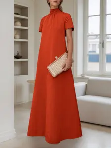 Elegant Women's Basic Solid Color Fitted Formal Womenswear Dress, Short Sleeve High Neck Ruched Design, Perfect for Daily, Casual, Travel, Parties