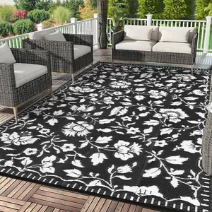 Floral Outdoor Rug Patio Waterproof, Vintage Outdoor Plastic Straw Rug Camping Rugs for Outside Your RV, Foldable Reversible Mats with Portable Bag for Backyard, Porch, Camper, Black