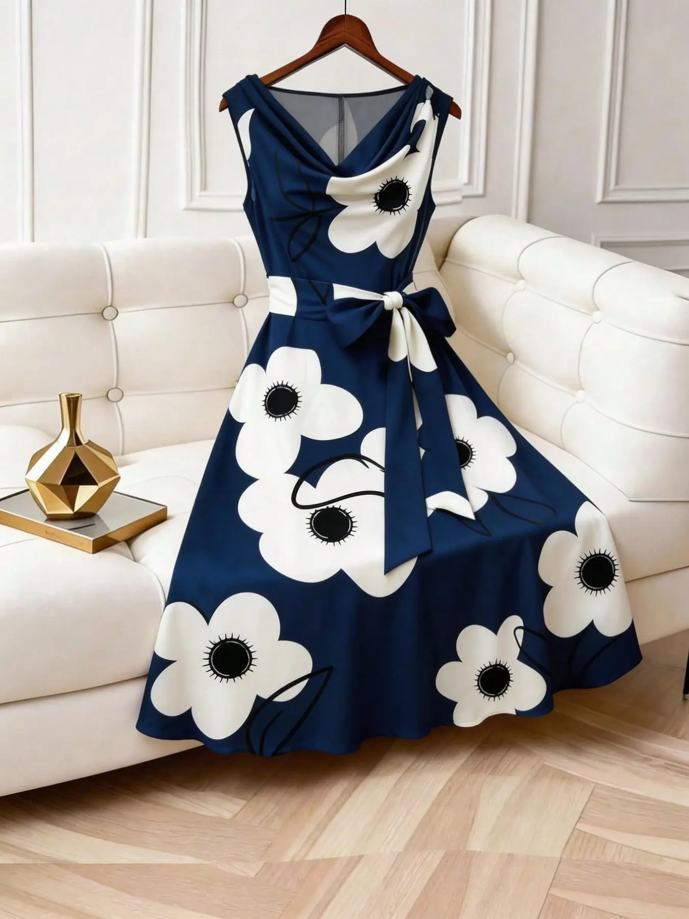 Plus Size French Vintage Oil Painting Floral Dress, Casual, Elegant, Large Flower Print, V Neck, High Waist, Butterfly Knot, A-Line Skirt, Summer Vacation, Beach Party