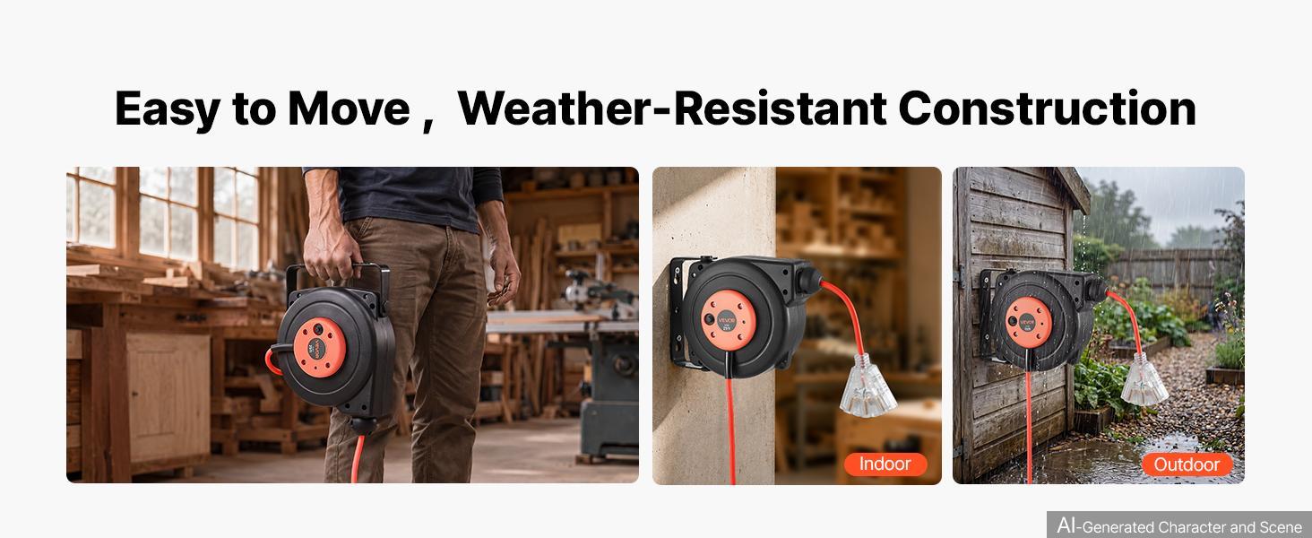 【BackToSchool】VEVOR Retractable Extension Cord Reel 25FT Heavy Duty 14AWG/3C SJTOW Red, for Ceiling/Wall Mount, 13A Circuit Breaker, Automatic Retractable Power Cord, Lighted Triple Tap, with 180° Swivel Bracket