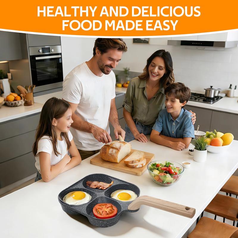 4-Hole Non-Stick Egg Frying Pan with Handle – Multi-Section Omelet & Pancake Skillet, 4-Cup Breakfast Cooker for Eggs, Burgers, Pancakes & Sausage, Compact Induction Compatible Nonstick Kitchen Pan