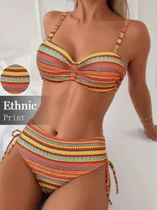 Women's Two-Piece Swimsuit Set, Geometric Print, Ethnic Print, High Stretch Knit Fabric, Drawstring Design, Summer Beachwear Swimwear