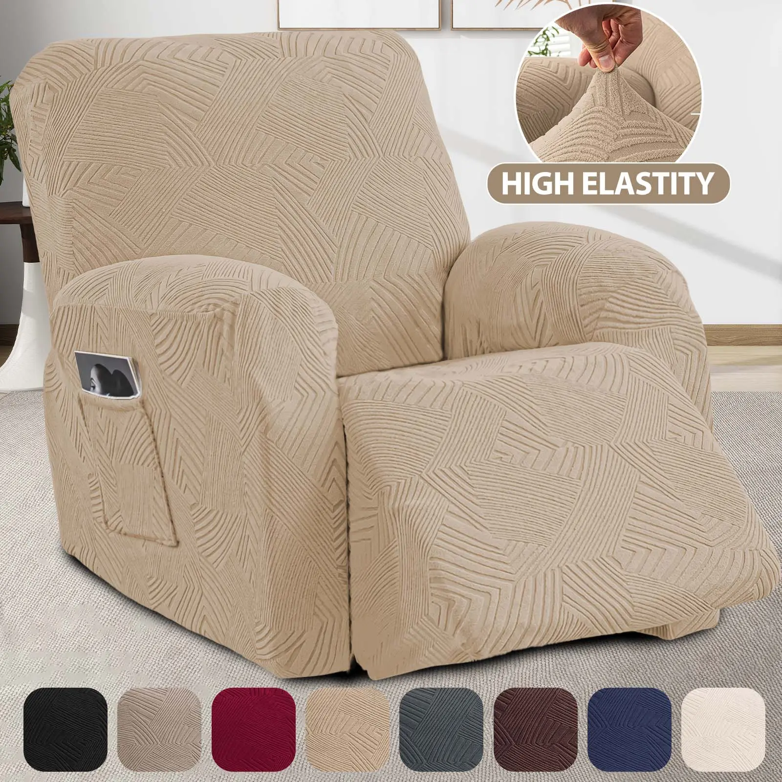 1-Seater Stretch Recliner Cover, 4-Piece Washable Furniture Protector with Elastic Bottom for Kids, Dogs