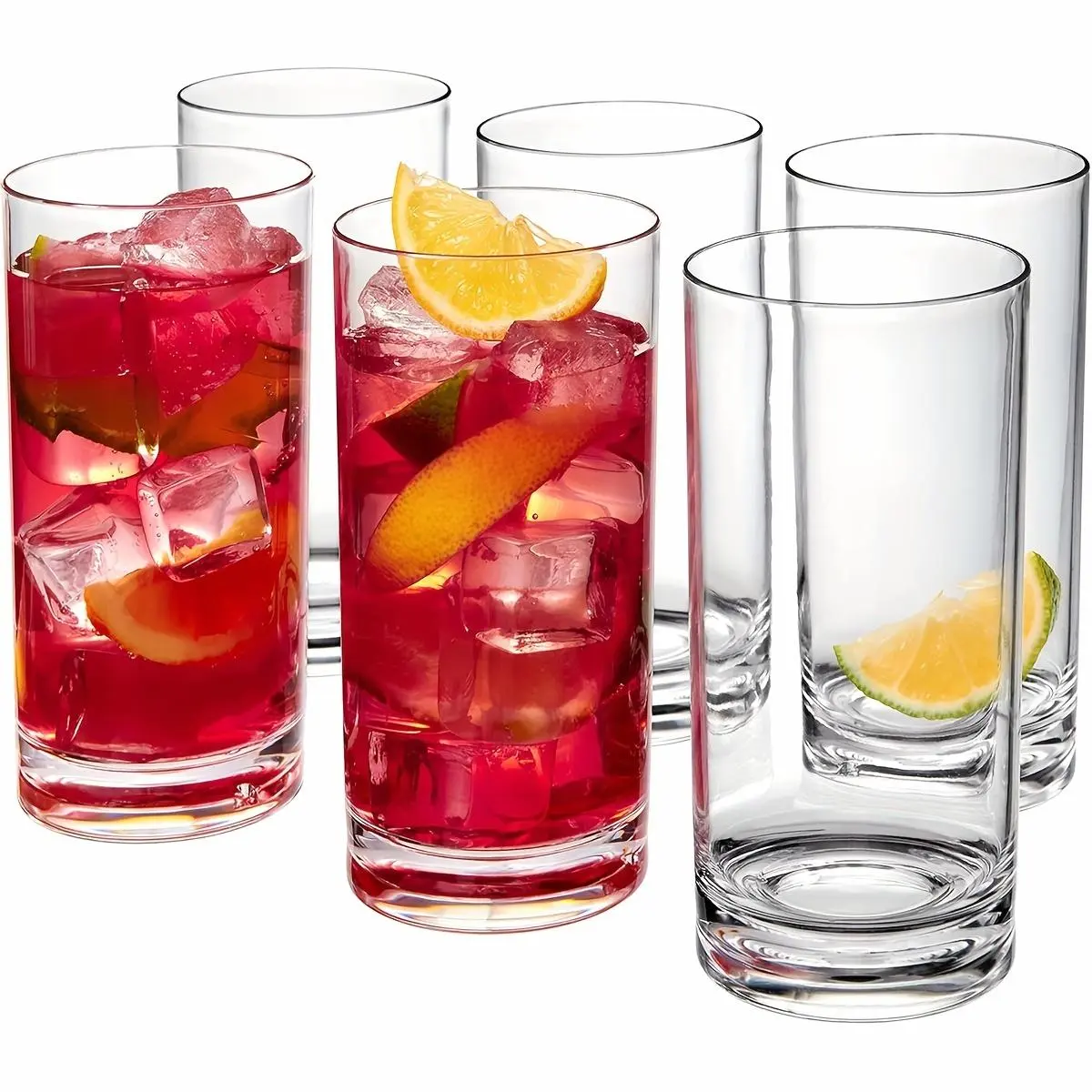 6pcs Thick-Bottom Glass Highball Cups - Lead-Free & Reusable Glassware Suitable for Juice, Milk, - Heavy- Base for Stability, Modern Minimalist Drinkware for Home, Parties, Breakfast (Glass)