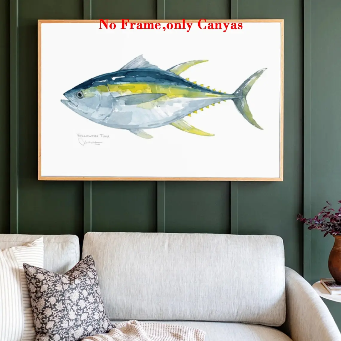 Yellowfin Tuna Watercolor Fish Print Poster, Wall Art Animal Decor, Bedroom Living Room Decoration Gift for Fishermen, No Frame Included
