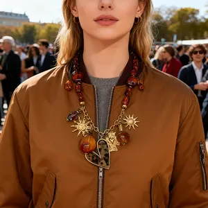 Stainless steel necklace autumn and winter sweater chain amber resin beaded pendant INS wind temperament collarbone chain figaro