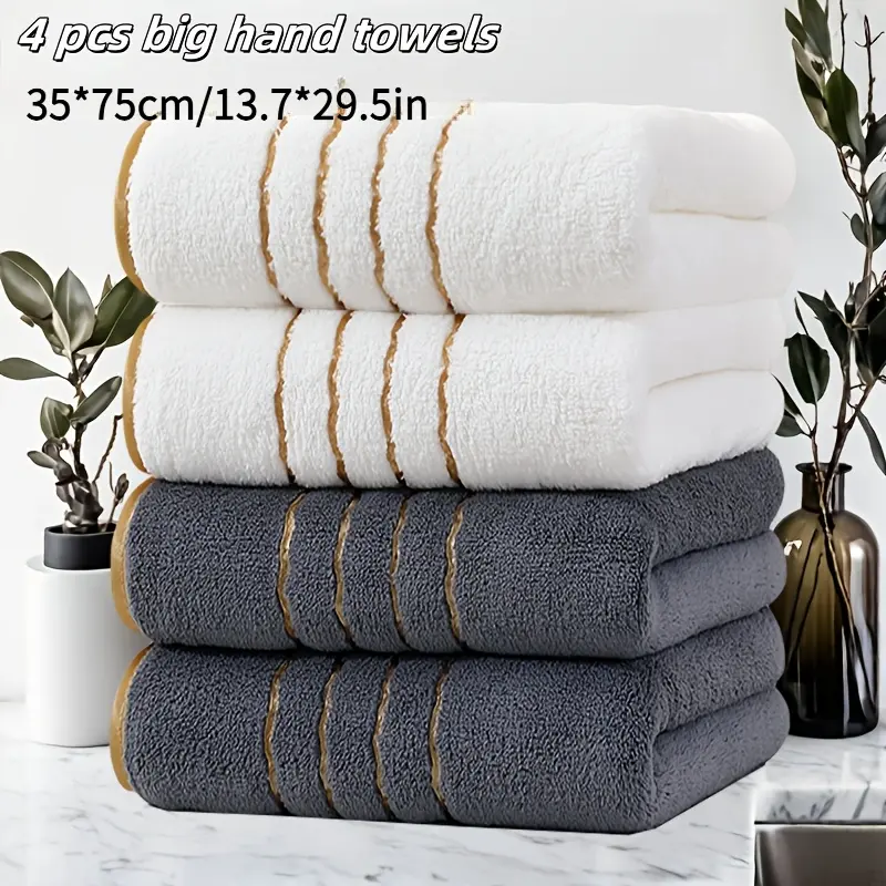4 large 35*75cm/13.7*29.5inch gold striped coral fleece towels, Striped pattern towel, various colors, suitable for bathroom, hotel, gym, quick-drying fabric, face towel, Towel Set, perfect for Christmas