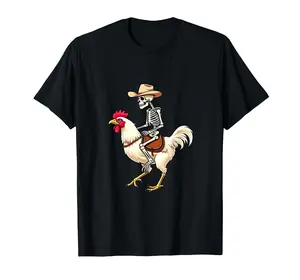 Cowboy Skeleton Riding Chicken Funny Halloween T-Shirt