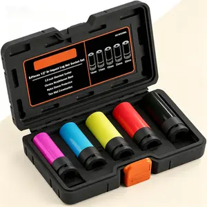Metric Deep Socket Set 1/2 Inch Drive, Thin Wall Impact Lug Nut Removal Kit with Non-Marring Wheel Protectors, 15 17 19 21 22 MM Sizes, Reusable Anti-Scratch Socket Tools for Wheel Maintenance, Long Reach Wheel Protector Sockets
