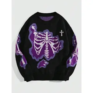 Men's Sweater Skull Pattern Long Sleeve Round Neck Knitted Jumper Hoodie Gothic Alternative SweaterRAIMENTRY