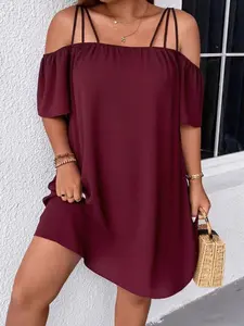 Women's Plus Size Off-Shoulder Chiffon Dress, Loose Short-Sleeve Lightweight Dress with Thin Straps for Casual Vacations, Aesthetic