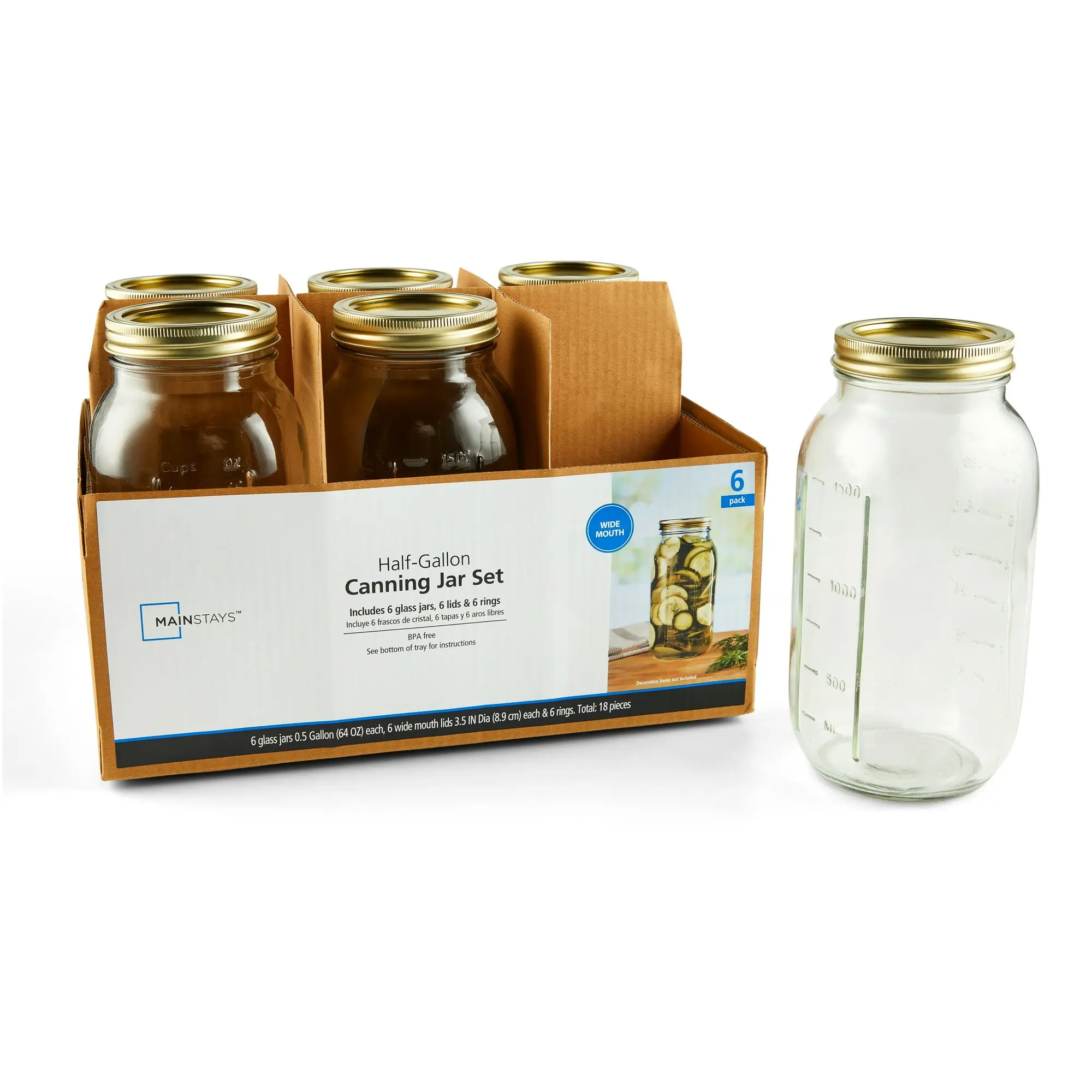 64 oz Wide Mouth Mason Jars - Set of 6 Half-Gal Glass Canning Jars with Gold Lids & Bands, Airtight Home Storage Jars for Preserving & Pantry Organization