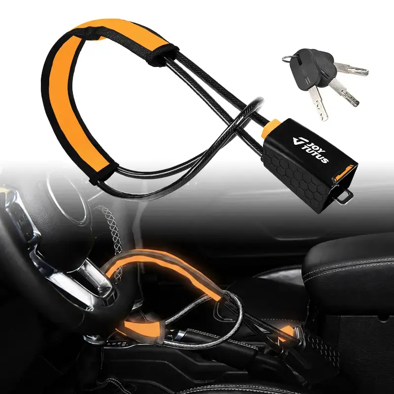JOYTUTUS Universal Anti Theft Automotive Steering Wheel Lock with 3 Wheel Lock Keys, Braided Steel, Secure Fit for Most Vehicles Trucks SUVs Vans, Easy Installation, Flexible Black Car Interior Accessory
