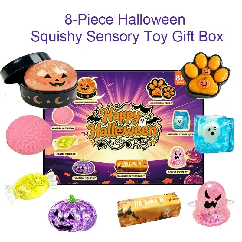 8-Pcs Squishies Pack Halloween Gift Box - Slow Rising Soft Squishy Fidget Toy Set, Sensory Squeeze Malt Sugar Slow Rebound Stress Relief Bundle, 8 Different Horror Figurines, Ideal for Halloween & Horror Themed Parties Gifts