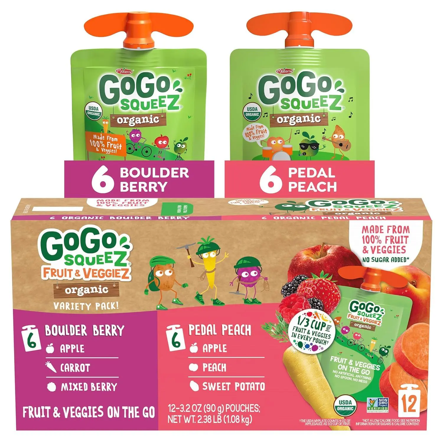 GoGo squeeZ No Sugar Added Organic Applesauce and Fruit Puree, Apple Apple, 3.2 oz Pouches (Pack of 12), Fruit Snacks for Kids, Gluten Free, Nut Free, Recloseable Cap, BPA Free