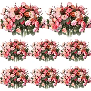 8 count Artificial  Artificial Rose Bouquet    21 Heads Faux Floral Bouquet Leaf with Stem DIY  Rose for Home Bridal Wedding Centerpieces Decor (Pink)