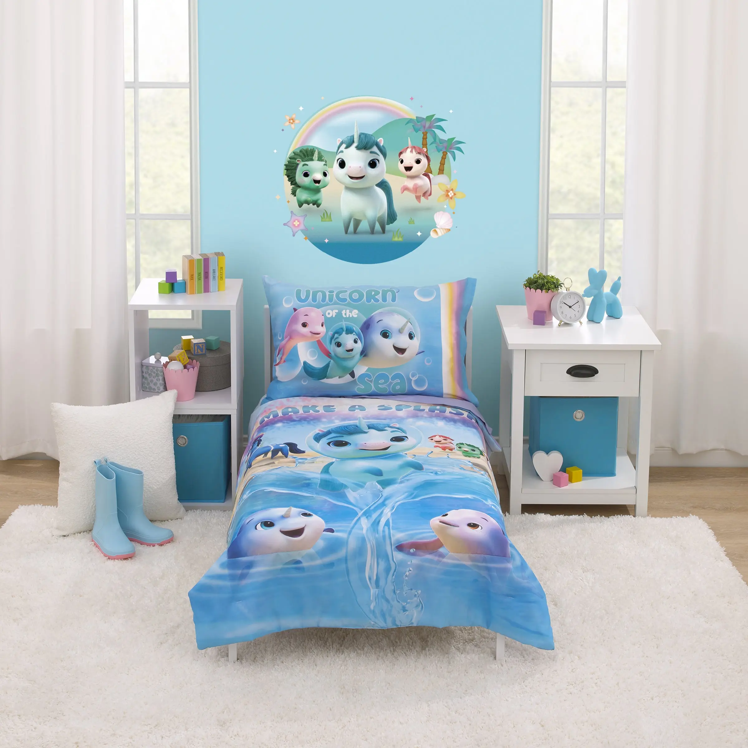 Not Quiet Narwhal Make A Splash Blue and Lavender, Unicorn Kelp, and Friends 4 Piece Toddler Bed Set - Comforter, Fitted Bottom Sheet, Flat Top Sheet, and Reversible Pillowcase