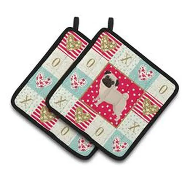 Carolines Treasures CK5947PTHD Colorful Fabric Bakeware Pot Holders, 7.5x7.5 in. Pug Love Pair with Hanging Feature for Oven Use